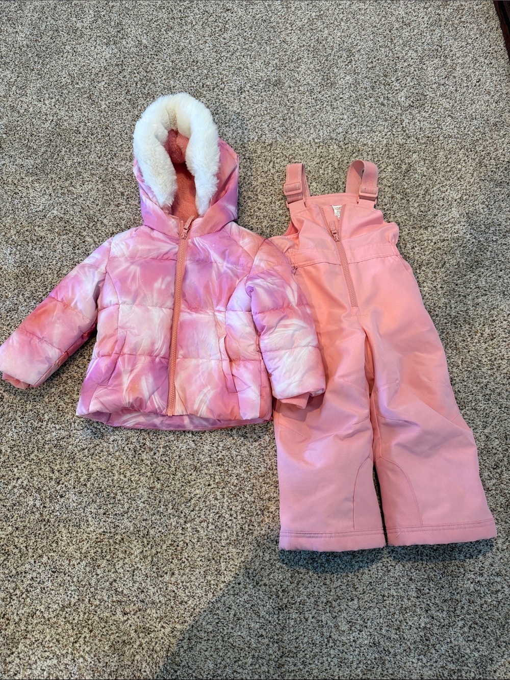 Gerry Pink Patterned Puffer Jacket with Matching Pink Bib Snow Pants